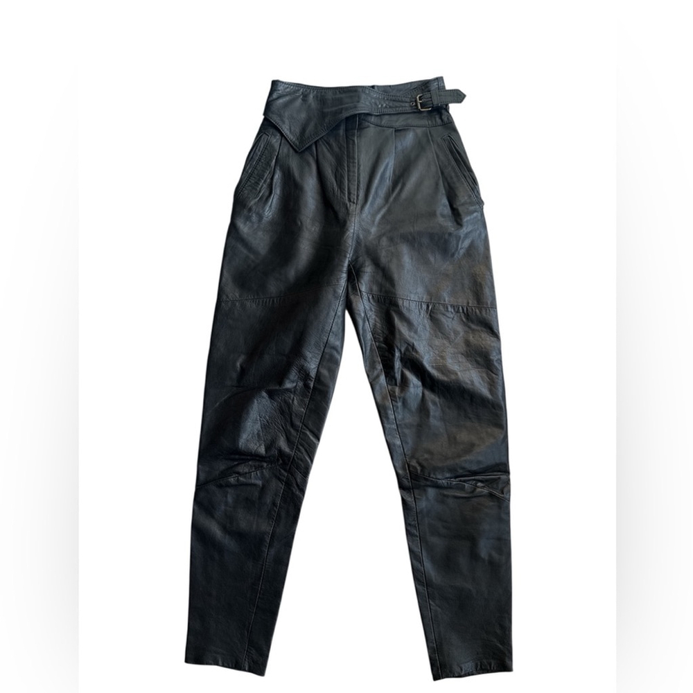 Vintage Women's Black Leather Pants Unique Belt Detail High Waist Size US2/4